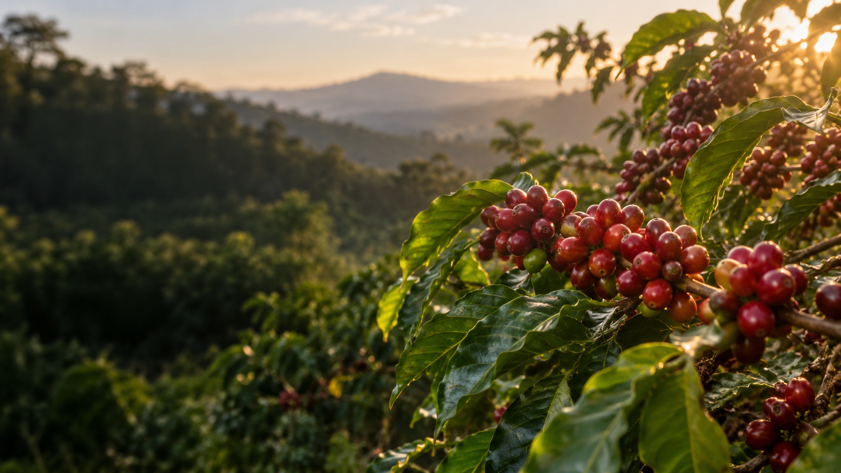 Ripe coffee cherries growing in the Ethiopian highlands